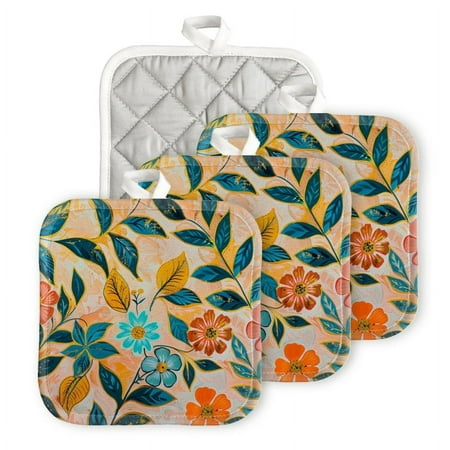 

Bahomeck Pot Holder 4Pcs Pattern Of Hand-Painted Flowers And Leaves In Bright Colors Square Heat Resistant Hot Pads For Kitchen Cooking Oven With Hanging Loop Potholder Easy To Store
