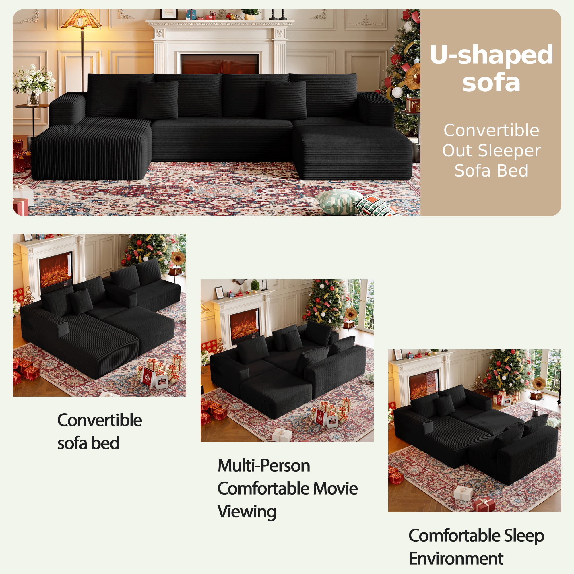 DILORA Large U-Shaped Cloud Sectional Sofa Modular Compressed 134 Inches Black 3 Packages