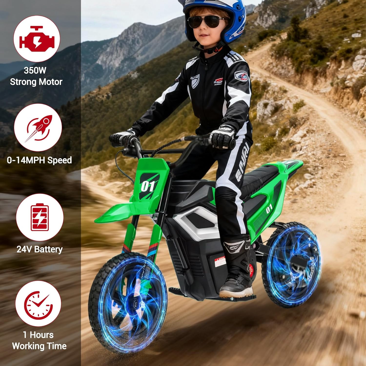Rugerasy 24V Electric Dirt Bike,Ride on Motorcycle with Rear Wheel Suspension,12 Miles Range,Twist Grip Throttle,Rubber Tire,Birthday & Xmas Gifts,Green