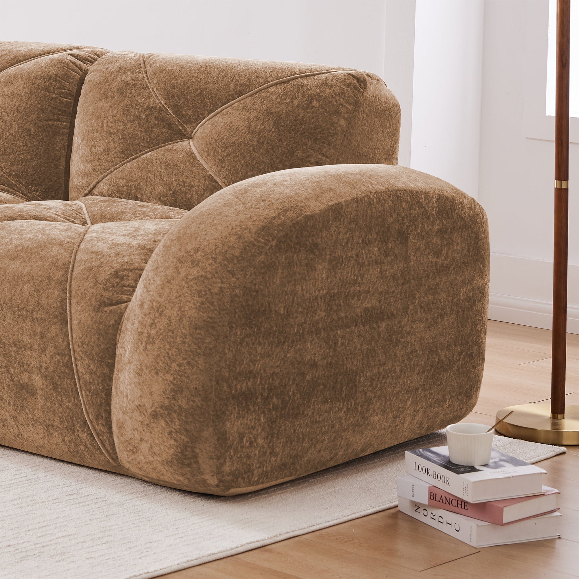 Aukfa Velvet Tufted Modular Sectional Sofa, 80" Boneless Loveseat for Living Room, Brown