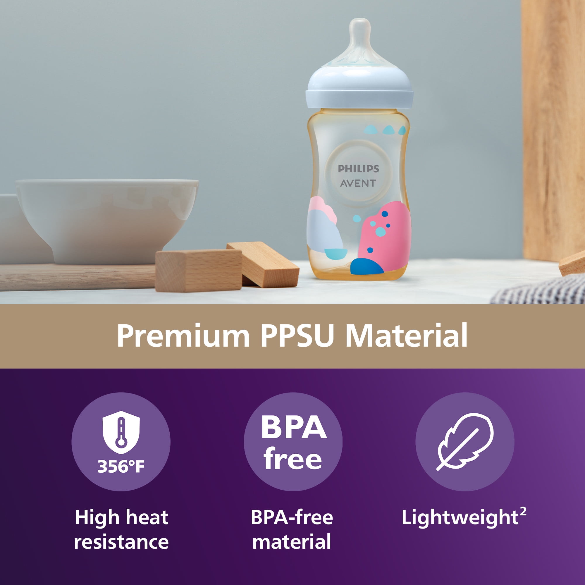 Philips Avent Ppsu Natural Baby Bottles with Medium Flow Nipples (Flow 3), 9oz, with Decoration, 2-Pack, SCY943/02