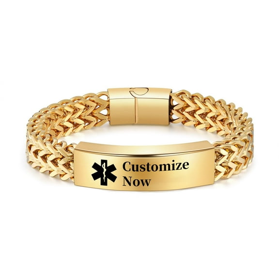 Vagzen Stainless steel Medical Alert ID Bracelet for Men, Customize Now,Gold