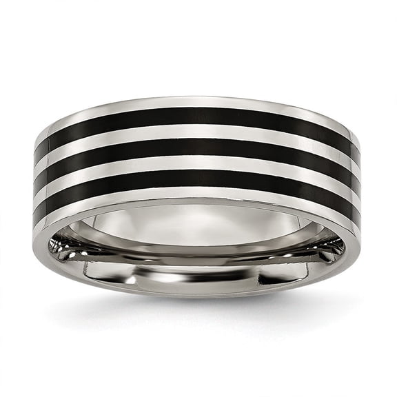 Stainless Steel 8mm Black-plated Stripes Brushed and Polished Band Ring - Size 8.5
