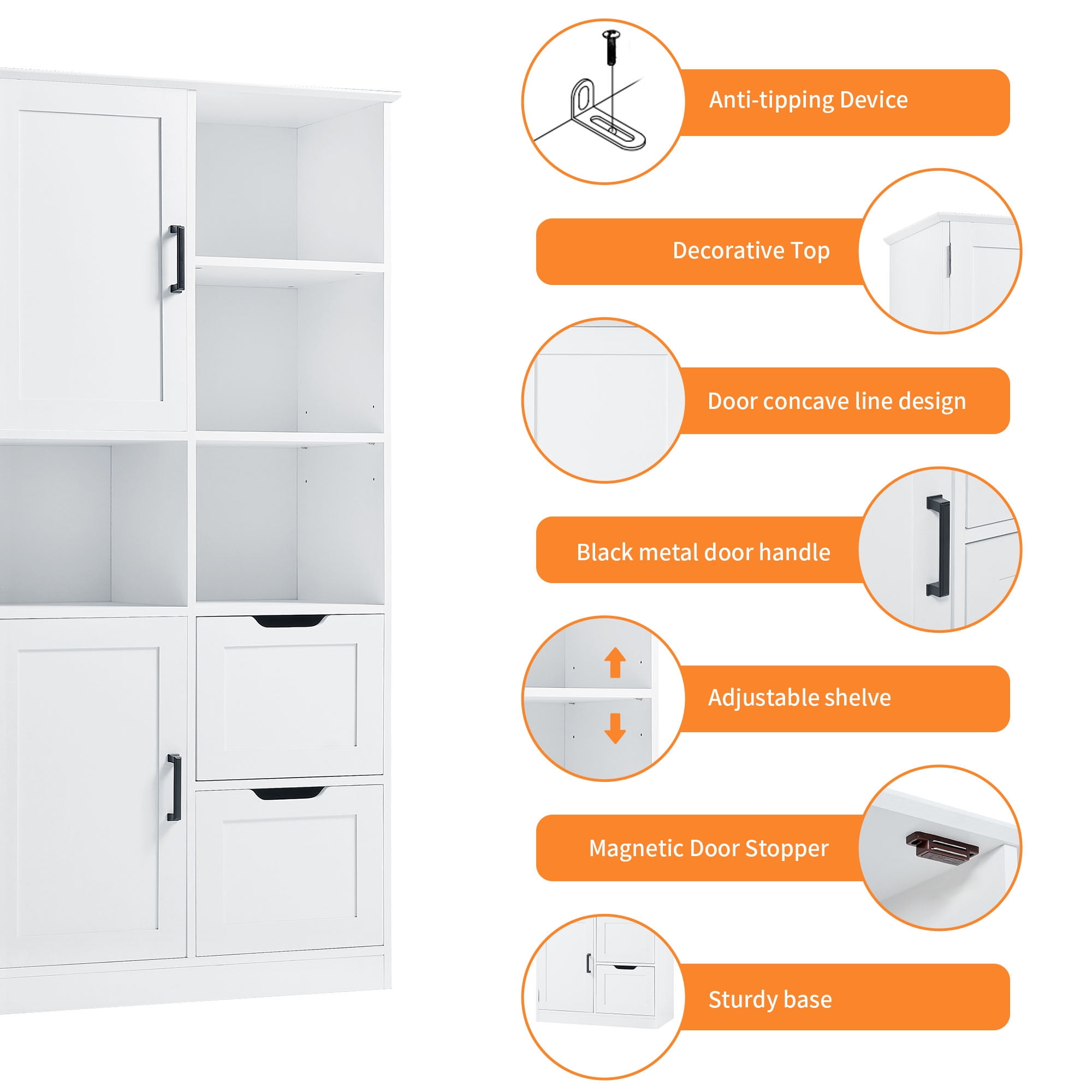 EUROCO 62'' Tall Bathroom Storage Cabinet, MDF Board Floor Storage Cabinet with 2 Doors, 2 Drawers and Adjustable & Door shelves, Freestanding Cabinet for Bathroom, Living Room, Home Office, White
