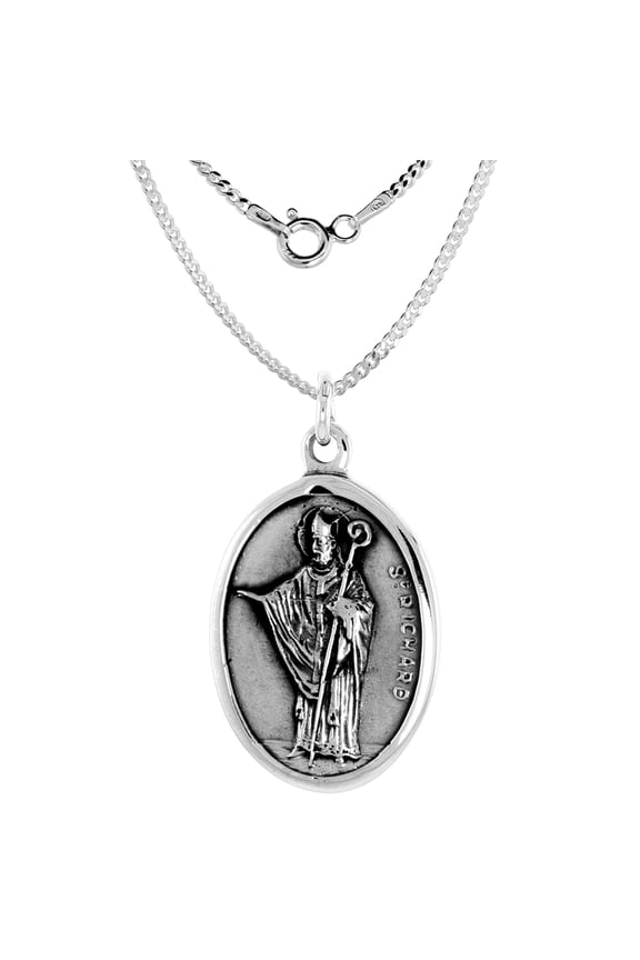 Sterling Silver St Richard Medal Necklace Oval  16 inch 1.8mm Chain