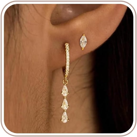 DESIGNICE 2 Pairs Gold Huggie Hoop Earrings for Women 14K Gold Plated Diamond Stud Earrings Set Drop Dangle Hypoallergenic Cubic Zirconia Flat Back Earring Gold Jewelry for Women Gift