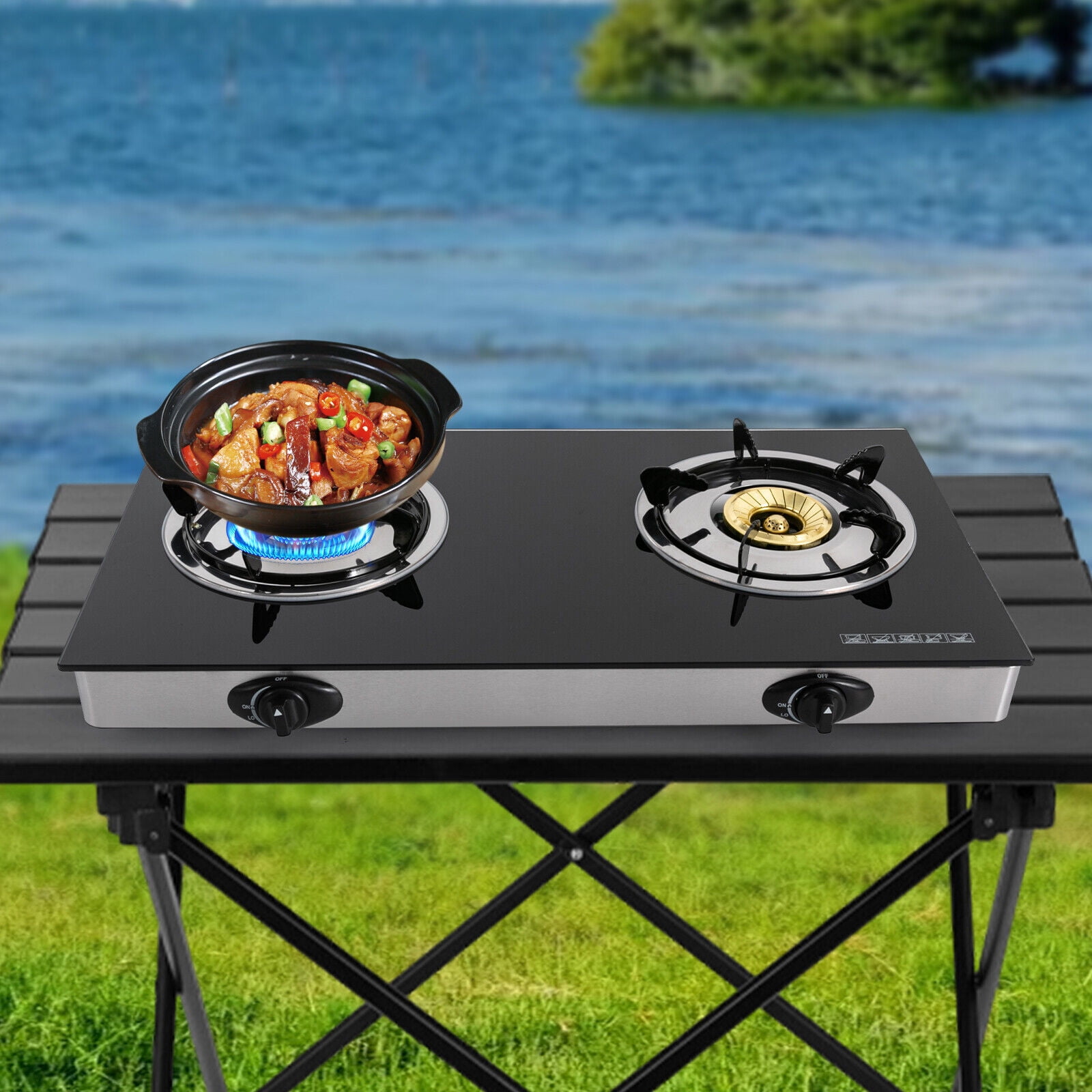 2-Burner Gas Stove Countertop Gas Stove Portable Auto Ignition LPG Stove Durable