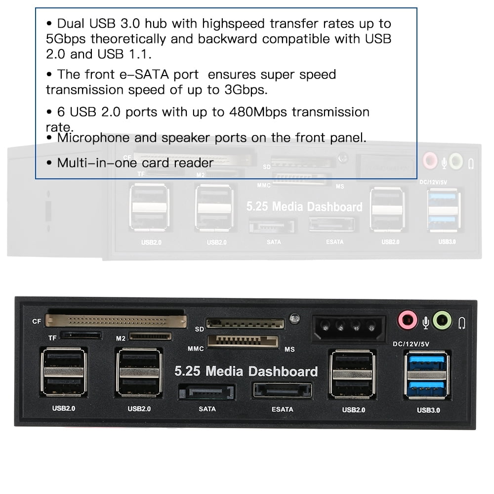 5.25" Internal SATA e-SATA Dual USB 3.0 Hub Six USB 2.0 Five-in-one Card Reader Multifunctional PC Dashboard Media Front Panel Audio for SD MS CF TF M2 MMC Memory Cards Fits