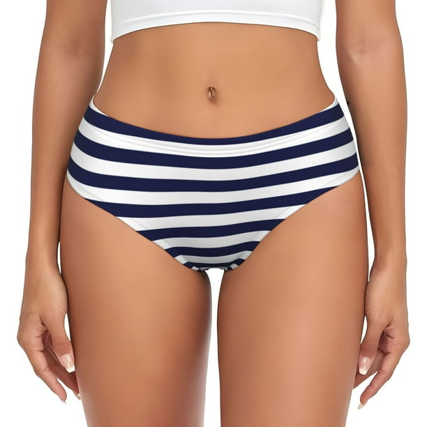 Balery Navy Blue And White Stripes Ropa Interior de Algodón para Mujer con Dibujo – Braguitas Cómodas y Elásticas, Estilo Clásico-Medium