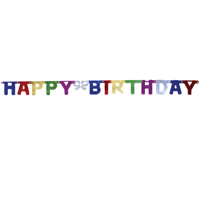 Way To Celebrate Multi-color Metallic Foil Letter Banner Happy Birthday 9 ft with shiny foil letters in red, gold, green, purple, silver, blue, and white, pre-strung on ribbon for easy hanging as birthday party decorations or festive party supplies.