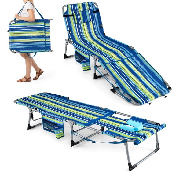 Gymax Folding Tanning Chair Sunbathing Recliner w/Face Hole & Removable Pillow Adjustable Backrest & Leg Positions Blue Stripe