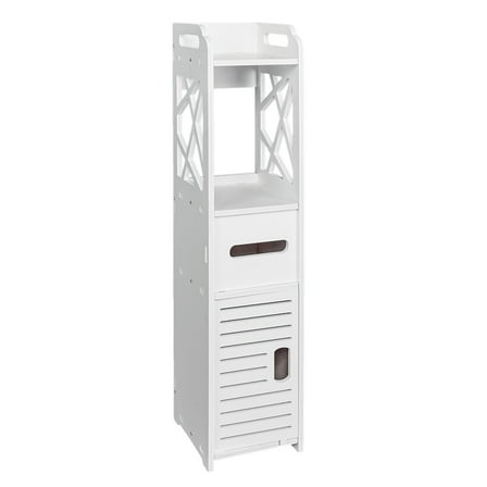 Gzxs Small Floor Bathroom Cabinet for Small Spaces, Slim Toilet Paper Storage Cabinet w/ Door and Open Shelf (White)