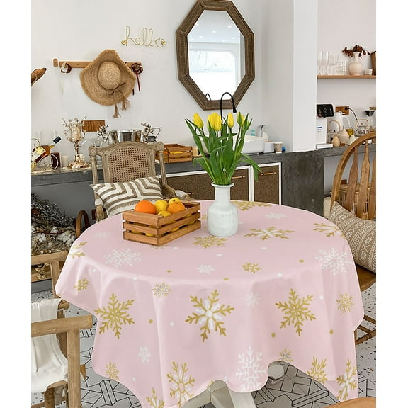 Pink Christmas Snowflake Tablecloth Square Table Cloth 54x54, Waterproof Tablecloth Outdoor Table Cloth, Yellow White Xmas Winter Snowflake Washable Table Cover for Kitchen Dining Party