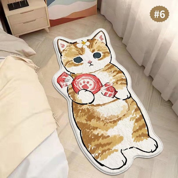 Alfombra de cachemira de imitación de gato de dibujos animados lindo para sentarse, reclinarse, manta irregular para ventana salediza, manta absorbente antideslizante para mesita de noche de
