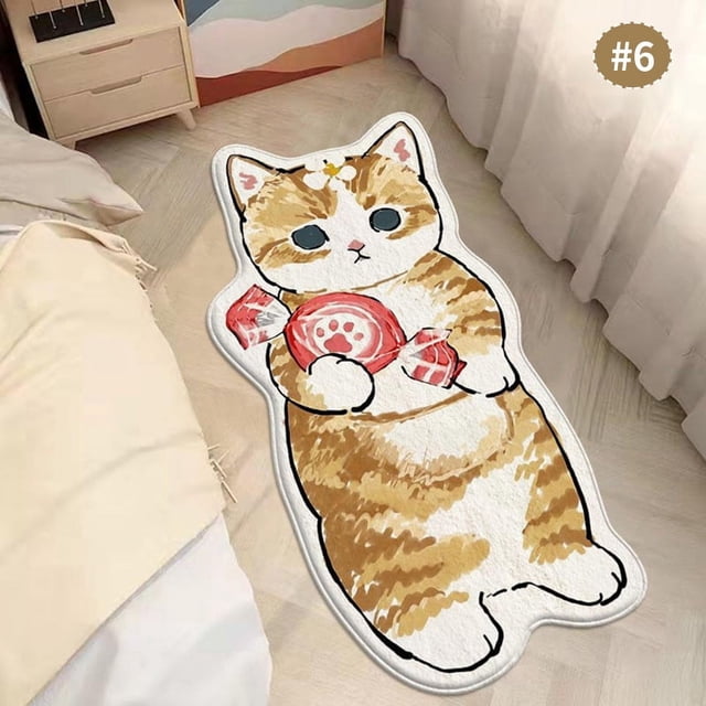 Alfombra de cachemira de imitación de gato de dibujos animados lindo para sentarse, reclinarse, manta irregular para ventana salediza, manta absorbente antideslizante para mesita de noche de