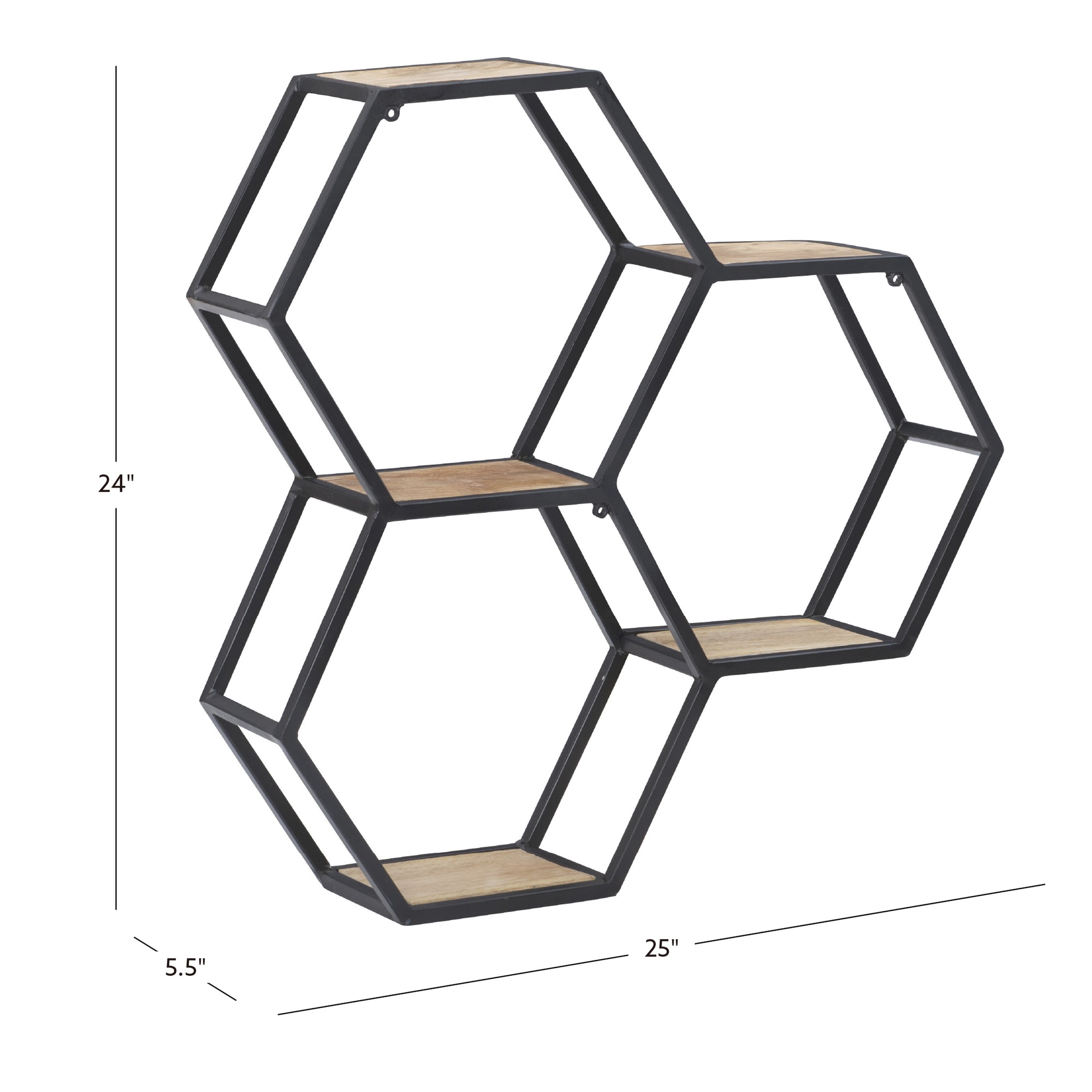 Powell Wilson 3-Compartment Honeycomb Wall Shelves, Black Metal with Natural Mango Wood