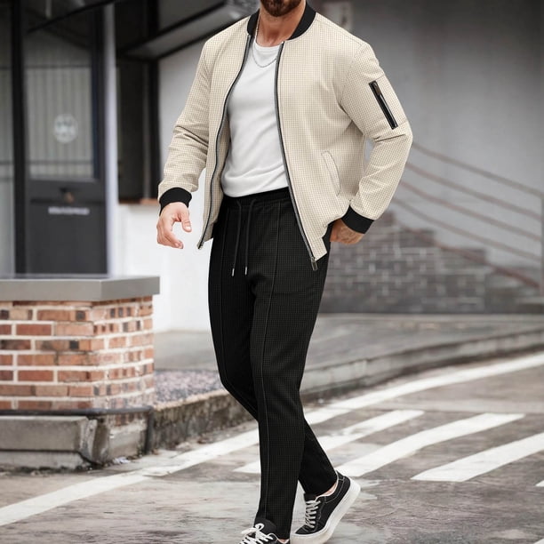 Ceisia Men's Regular Fit Waffle Knit Baseball Collar Jacket & Jogger Pants Set | Casual Outdoor Two-Piece Outfit Gifts