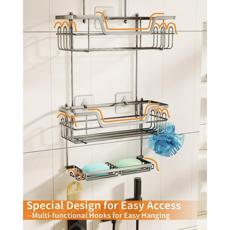 SWTYMIKI Hanging Shower Caddy, 3 Tier Rustproof Shower Organizer over Shower  Head with 16 Hooks & Dual Soap Holder ,Stainless Steel Shower Rack over the Shower  Head for Bathroom Shower Room, Silver 