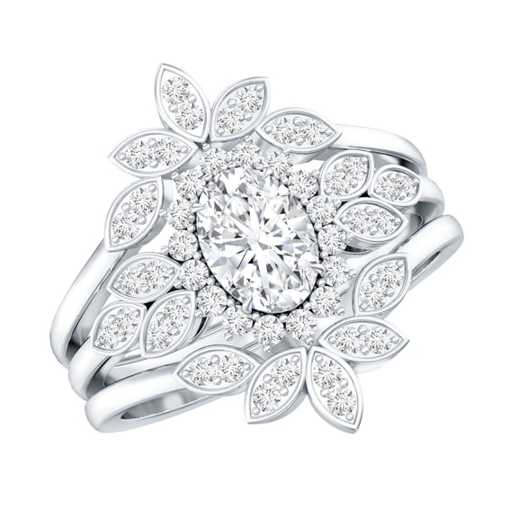 Rosec Jewels Certified Moissanite Wedding Ring Set of 3 - Vintage Style Oval Engagement Ring with Enhancer - D-VS1 Grade, 925 Sterling Silver, US 4.00