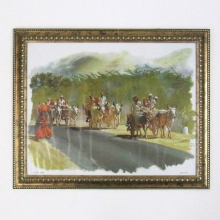 India Overseas Trading MR3330 - Painting With Frame And Glass Cover - Cows Pulling Carts In Traffic