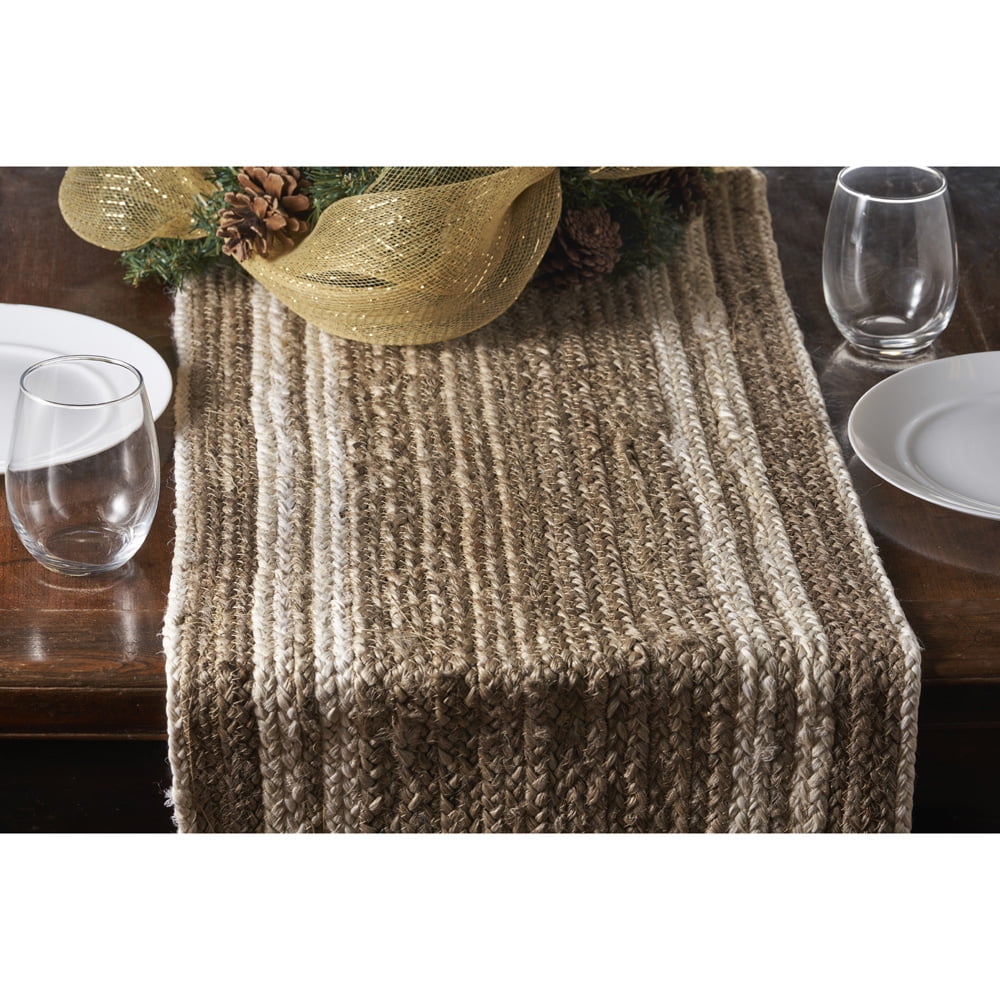 LR Home Striped Bleached Bordered Natural Jute Table Runner ( 2x7