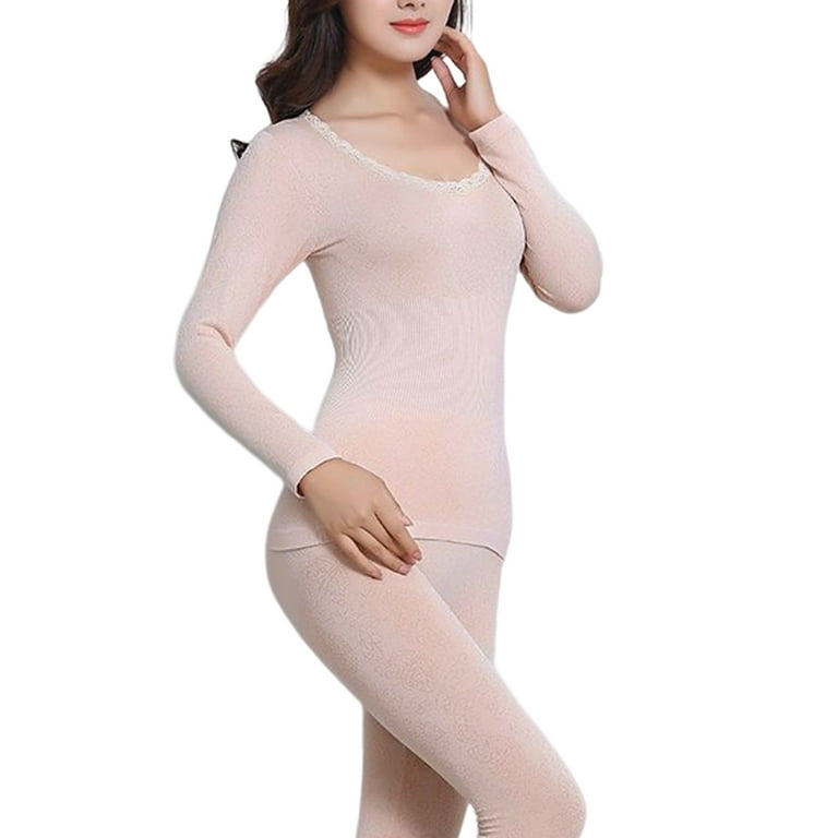 Thermal Underwear Women Long Sleeve Top Pants Seamless Winter Warm Clothing  Ladies Bodysuit Undershirt Female Pajamas Lingerie Skin Color 