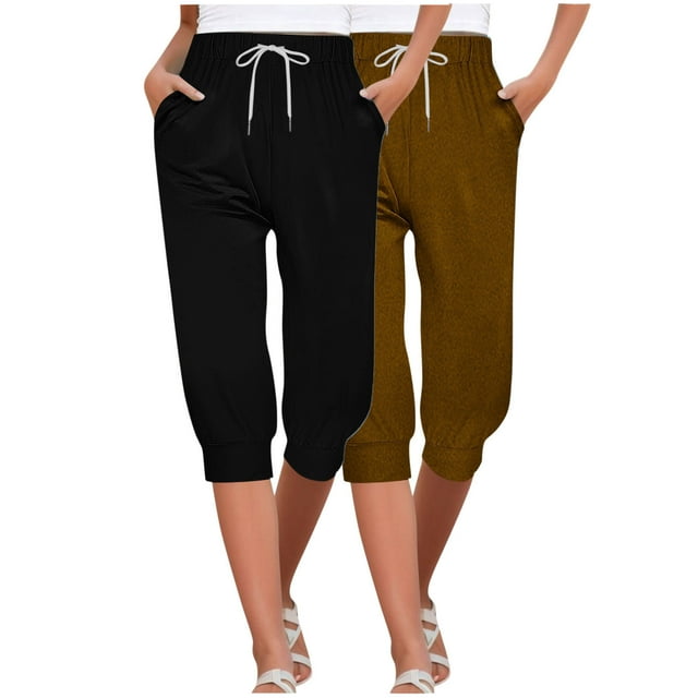 Yuyuzo 2 Pack Sweatpants Capris for Women High Waisted Drawstring Joggers Summer Cinch Bottom Pants