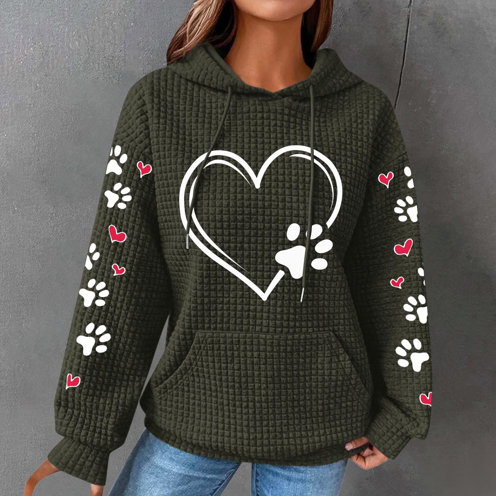 Cute Dog Paw Print Hoodies for Women Casual Oversized Waffle Hooded Sweatshirts Comfy Fall Winter Pullover Tops for Going Out