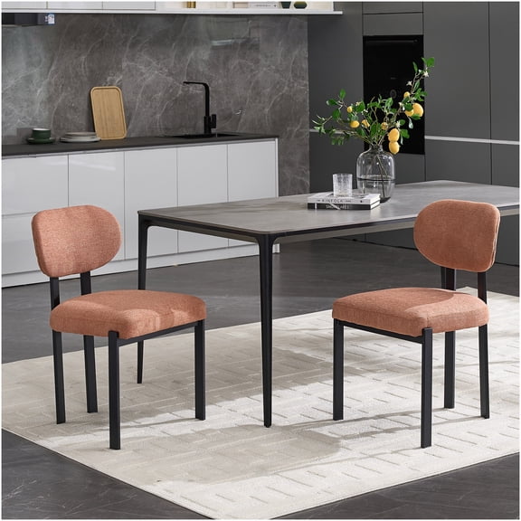 Mid-Century Modern Dining Chairs Set of 2 with Boucle Upholstery and Black Metal Legs