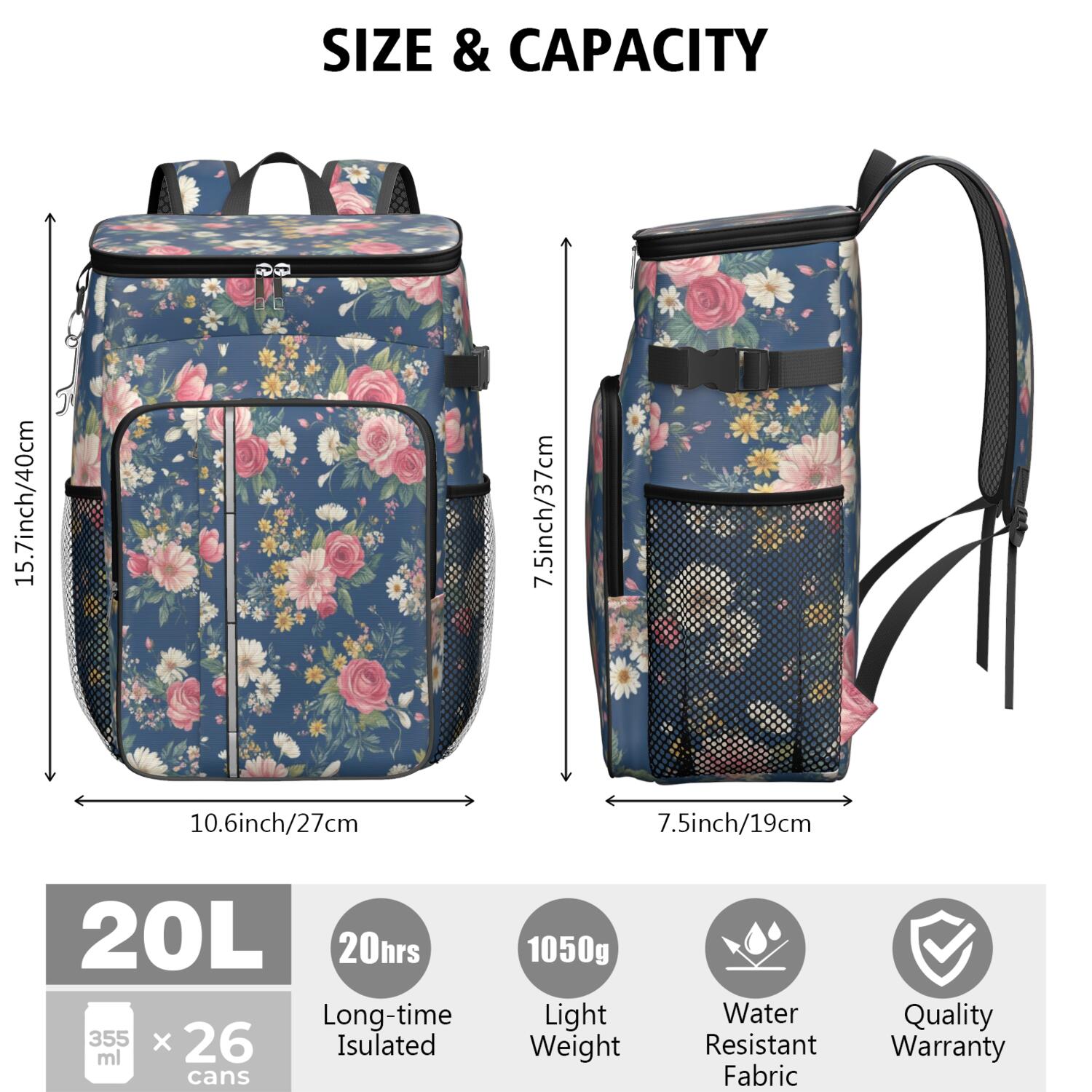 Travel Cooler Bag - Pioneer Flower Floral Print Pattern Camping Beer Cooler Backpack with Bottle Opener- Waterproof Insulated Picnic Backpacks - Cooler Bag for Beach