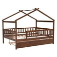 thumbnail image 6 of Full Size House Bed Frame with Twin Size Trundle, Wooden Platform Bed with Safety Guardrails, Decorative Canopy Bed Top, Sturdy Frame Wood Legs Supprot, Walnut, 6 of 7