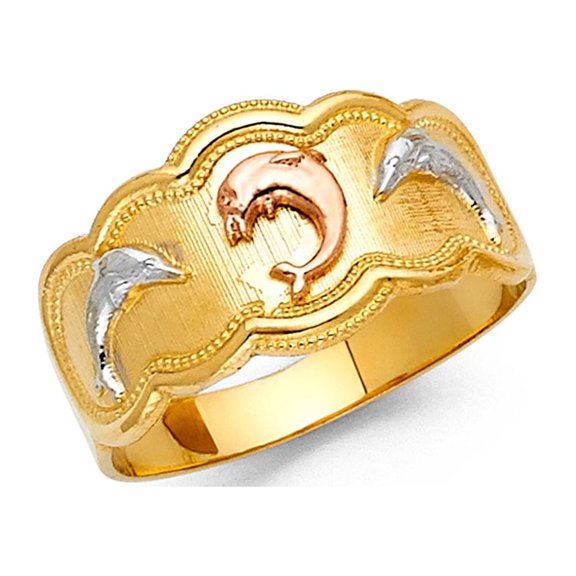 Dolphin Band Ring Solid 14k Yellow White Rose Gold Polished Finish Fancy Design Tri Color 11MM Size 7