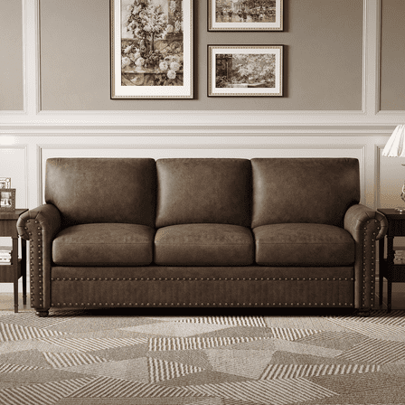 84" Faux Leather Sofa, Nailhead Couch with Rolled Arms, Brown