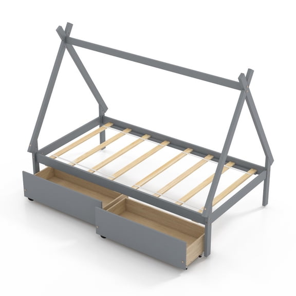 Furnibear Twin Wooden Tent House Bed Gray with 2 Slide Out Drawers, House Shaped Frame and Plywood Slat Support, No Box Spring Needed