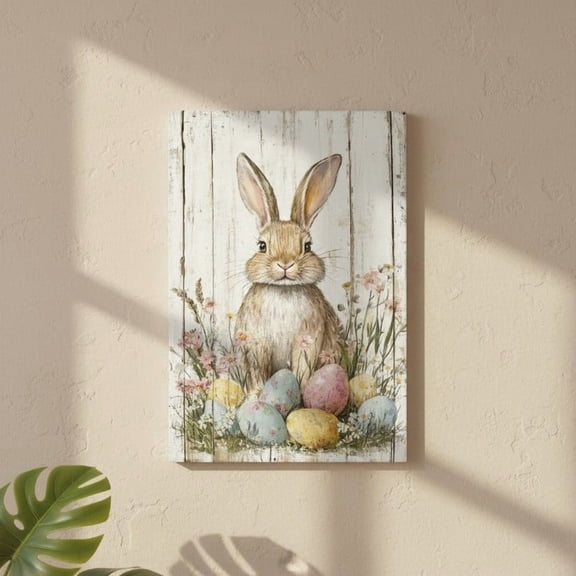 Unframed Vintage Easter Bunny Canvas Wall Art, Rustic Farmhouse Spring Flowers & Eggs Painting Print, Flat Canvas Poster for Nursery & Living Room Decor