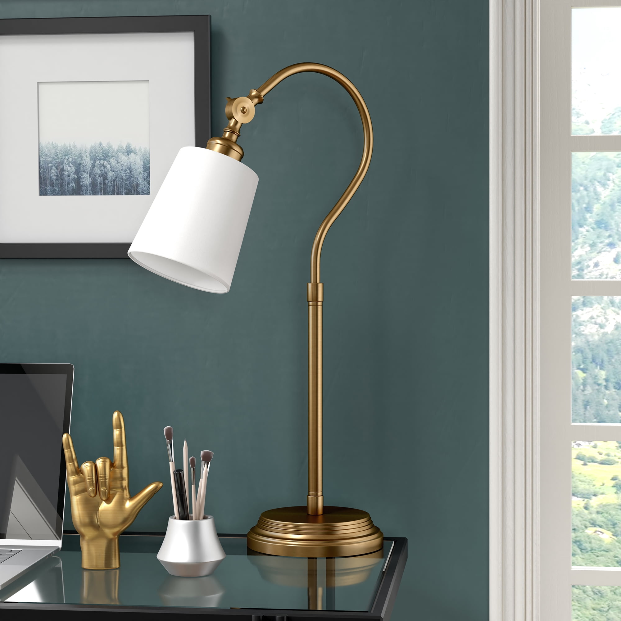 Evelyn&Zoe Harland 25" Tall Arc Table Lamp with Fabric Shade, Brushed Brass/White