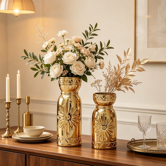 Tabletop Ceramic Flower Vase,Electroplated Gold Embossed Sunflower Decor Vessel with Two Selectable Sizes,Dried Foliage Display Container for Entry Console Fireplace Mantel Bedroom Dresser