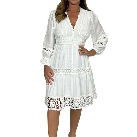 Efsteb Fall Fashion 2025 V Neck Lace Dress for Women Loose Long Sleeve Mini Dresses Casual Elegant Hollow Beach Dress (White,S)