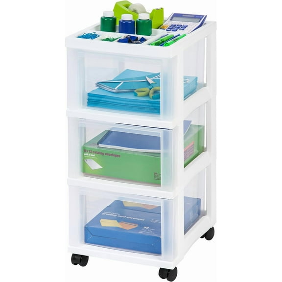IRIS USA Plastic Drawer Storage Organizer Rolling Cart, with Wheels Casters, 6-Drawers, for Classroom Art Craft Supplies Dresser Closet Bathroom Laundry Room, White/Clear