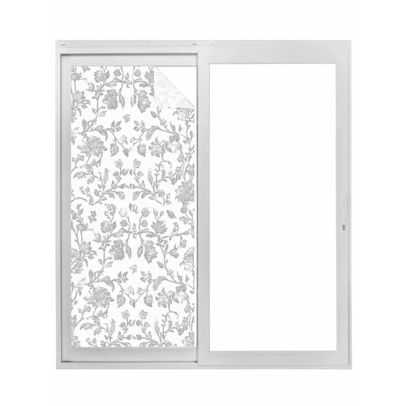 Boho Gray Flower Window Privacy Film, Vintage Farmhouse Leaf Spring Plant Static Cling UV Sun Blocking Tint Film Heat Control Windows Films for Bedroom Bathroom, Window Stickers 35.4"x78.7"