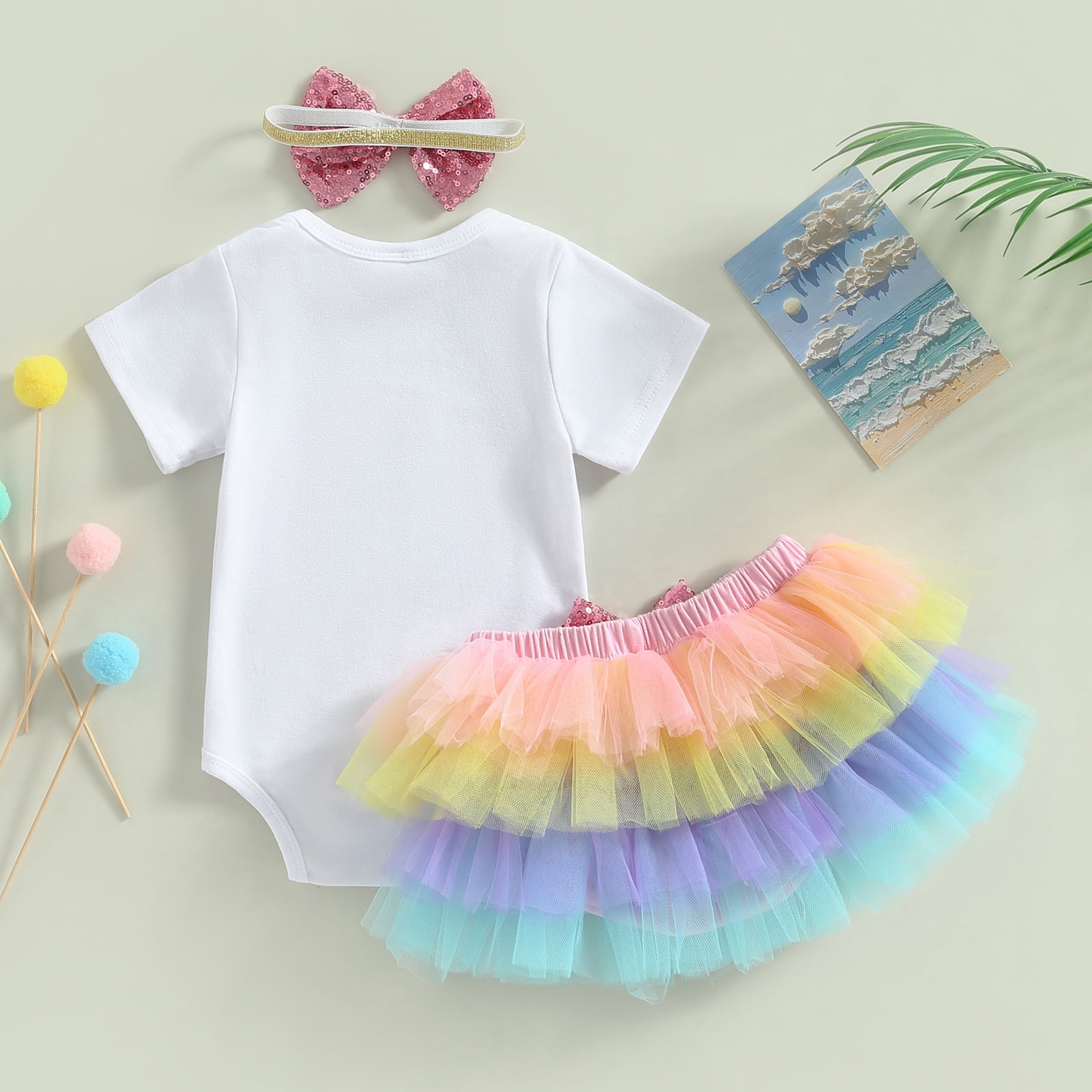Gupgi 2pcs Baby Girl Half Birthday Outfit 1 2 Birthday Letter Romper Rainbow Mesh Tutu Skirts White