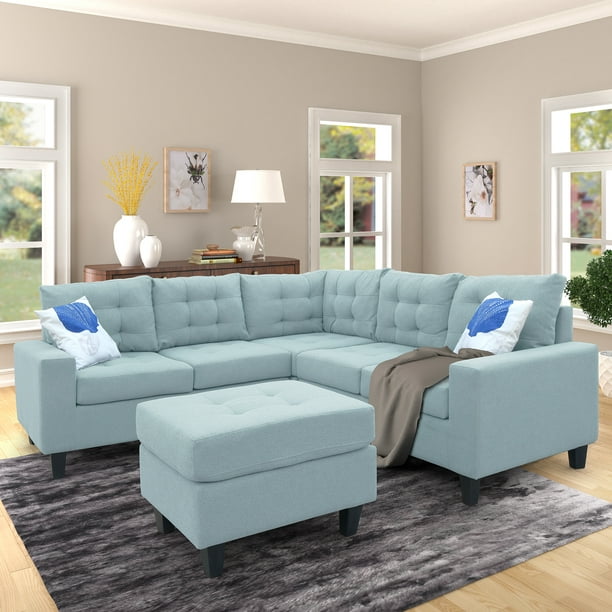 L Shaped Mid Century Sofa Couch, Light Blue Sectional Sofa With Chaise