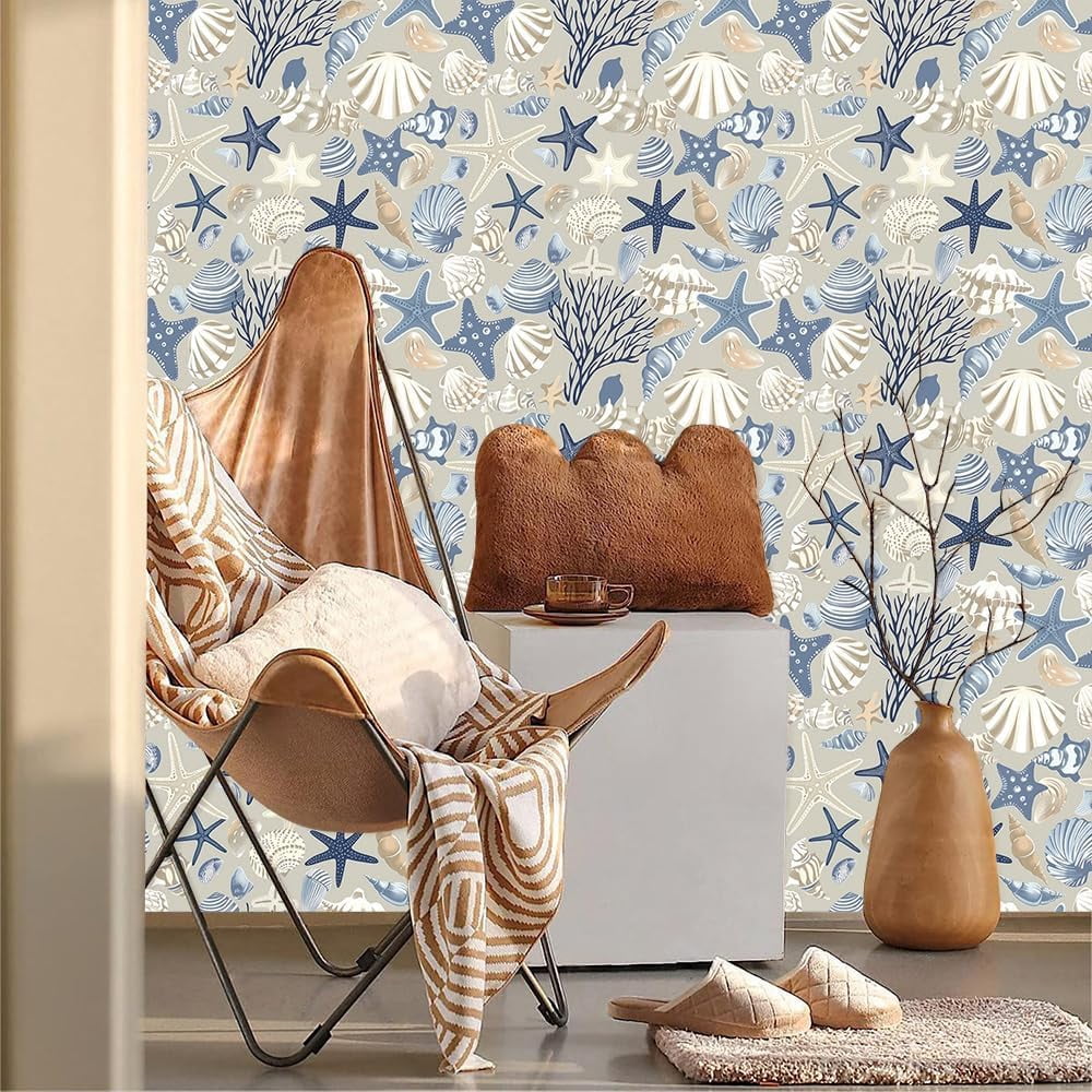Boho Beige Cream Grey Blue Under The Sea Animal Coral Starfish Shell Peel and Stick Wallpaper Contact Paper Vintage Vinyl Stick on Wall Paper for Bedroom Bathroom Kitchen Cabinet Renter Friendly