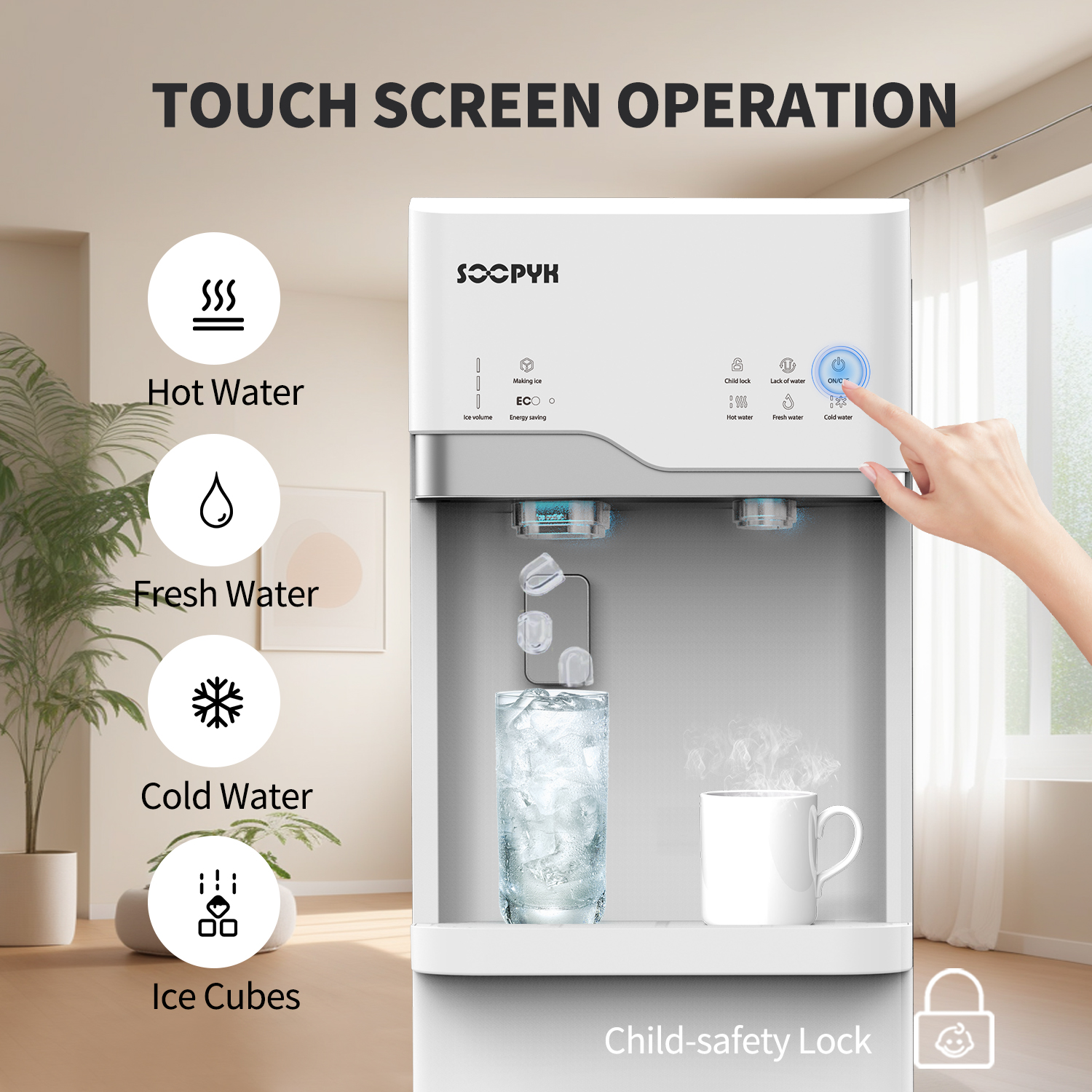 SOOPYK Self Cleaning 4 in 1 Water Cooler Dispenser with Ice Maker Bottom Load for 5 Gallon 3 Temperature Settings 22lbs Daily Capacity White
