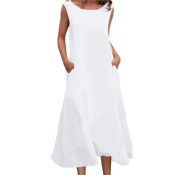 LIaqionyy Women's Plus Size Cotton Linen Dress Sleeveless Tank Casual Loose Flowy Beach Summer Maxi Dresses