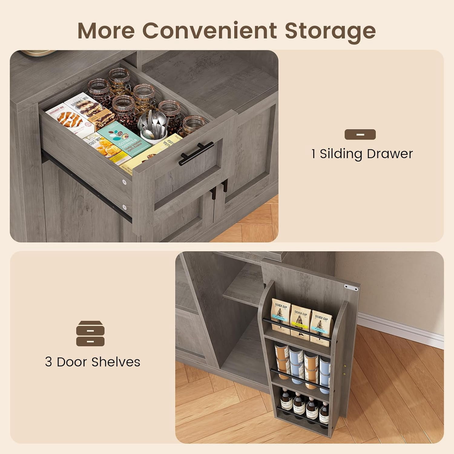 Farmhouse Pantry Cabinet, Tall Kitchen Pantry Storage Cabinet with Power Outlets & Microwave Stand, 47.3" Wide Large Kitchen Cabinet with Drawer, Storage Cart & 3 Door Shelves for Dining Room, Grey
