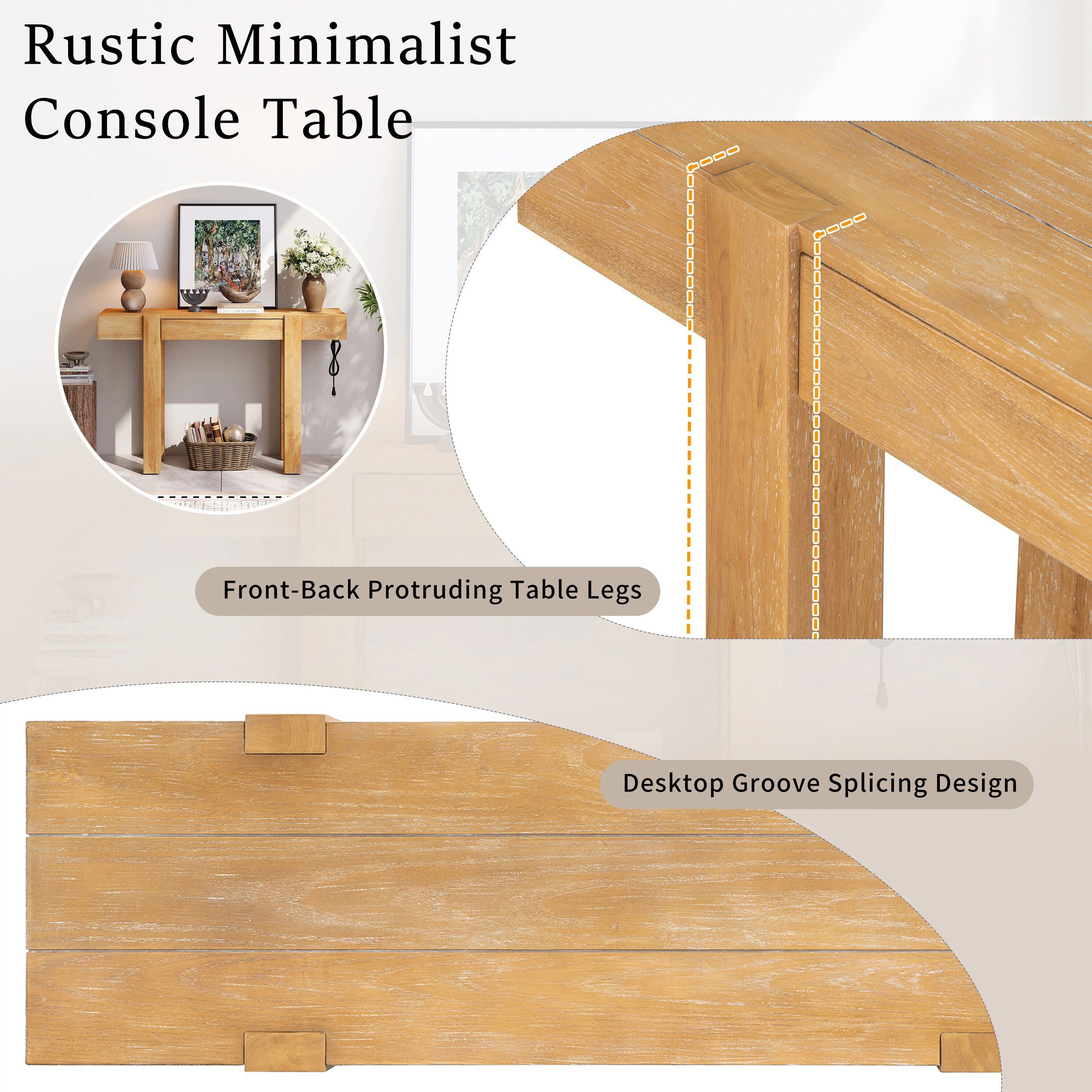 Euroco 47" Rustic Minimalist Console Table with Hidden Drawer & Side Power Outlet, Accent Entryway Table Sofa Table for Hallway Foyer Living Room,Natural