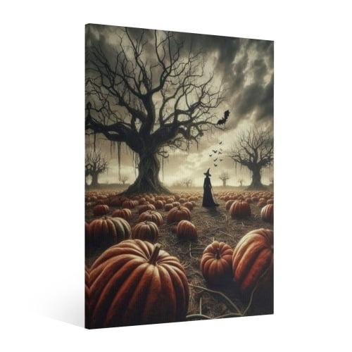 Vintage Halloween Pumpkin Canvas Wall Art Painting, Retro Horror Creepy Dark Poster, Halloween Gothic Artwork Picture Print Decor, Spooky Ghost Wall Decor for Bar Living Room Bedroom Party Framed
