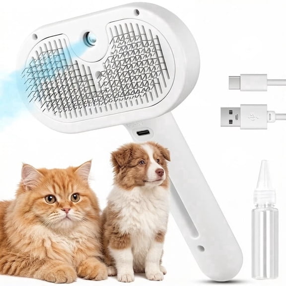 Pet Steam Brush for Cats & Dogs, 3-in-1 Self-Cleaning Detangling & Massage Spray Comb, No-Tangle USB Rechargeable with Warm Mist, Long & Short Hair Pets