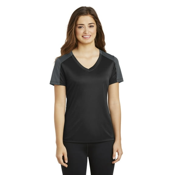 Sport-Tek Ladies PosiCharge Competitor Sleeve Blocked Neck Tee-XS (Black/ Iron Grey)